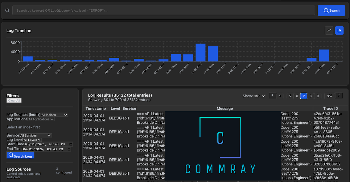 Commray logs and timeline dashboard screenshot